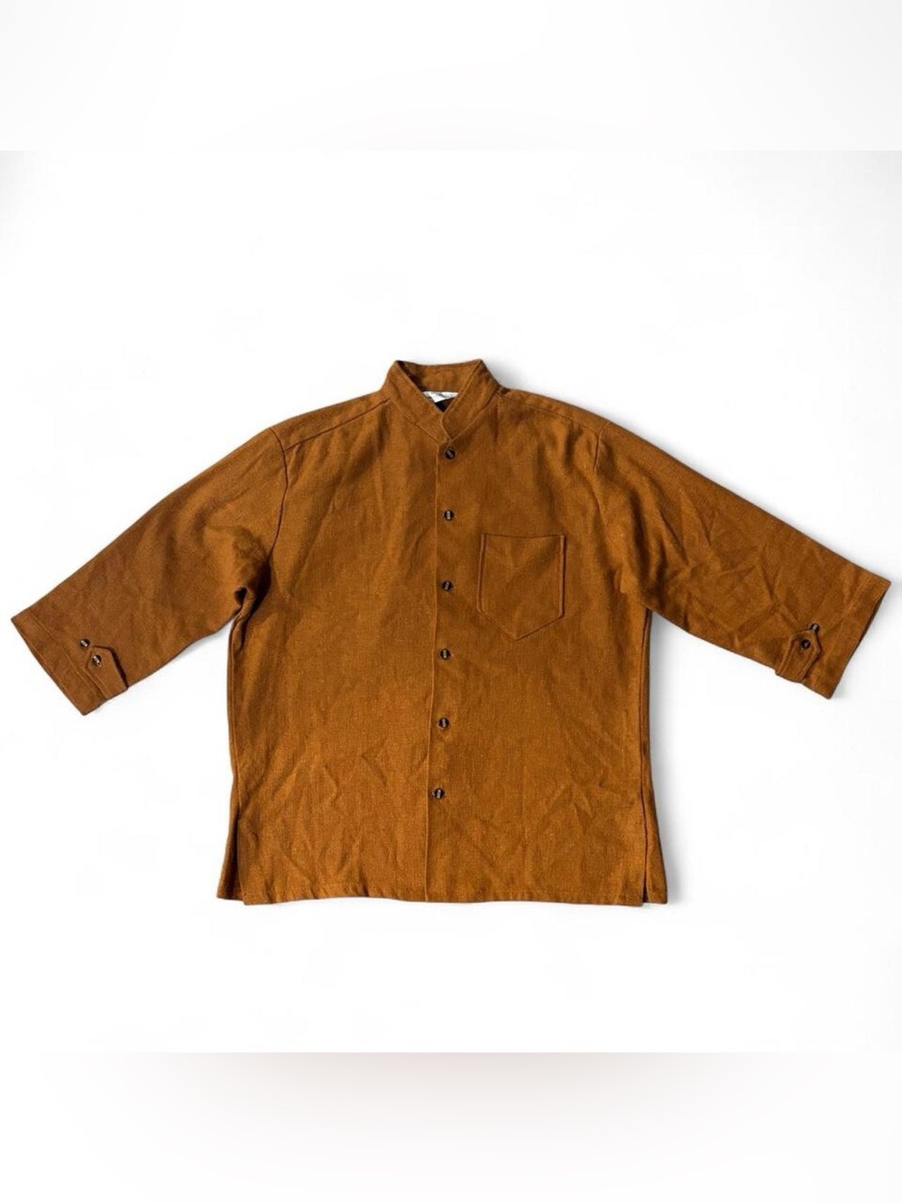 Vintage 70s Mr. Jack California Mustard Yellow Linen Look Band Collar Shirt L
